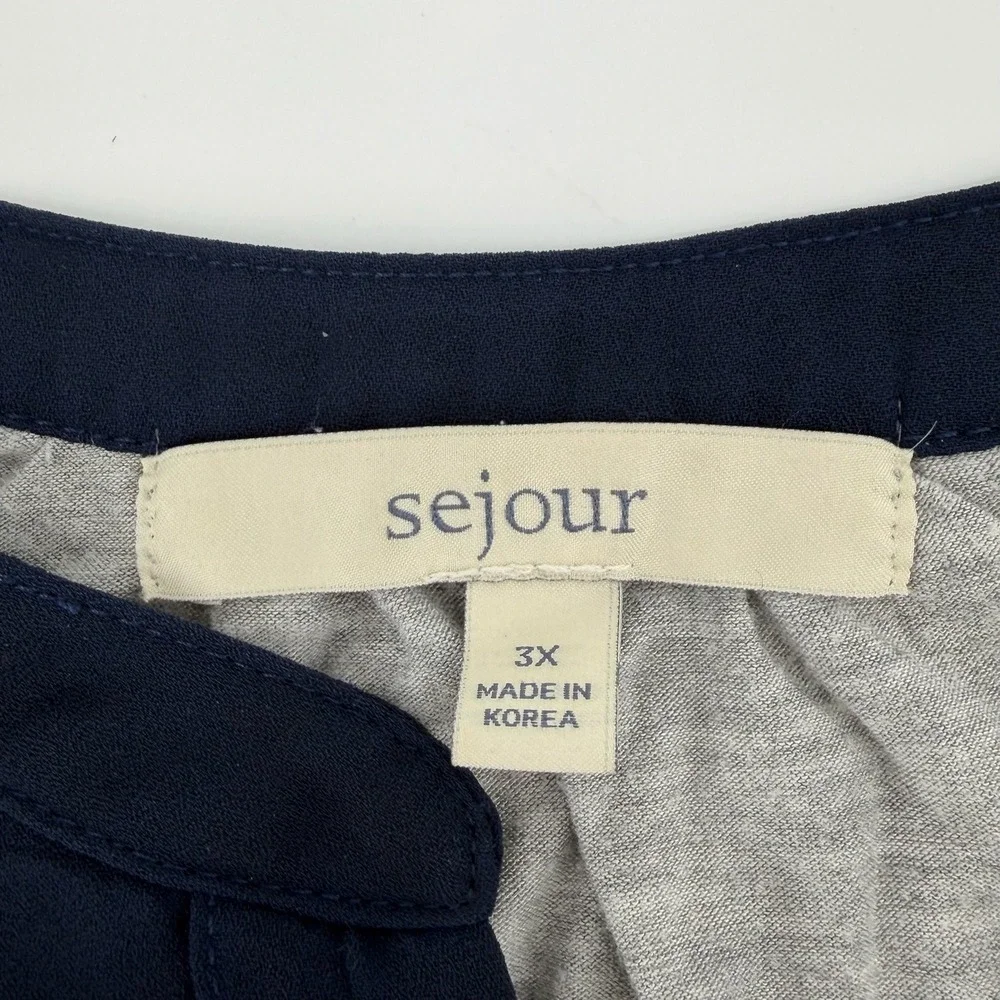 Sejour Womens‎ 3X Mixed Media Top Navy Grey Roll Tab Sleeve SJ296519WN
